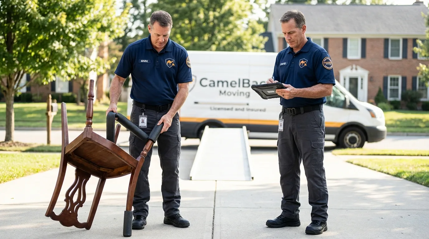 Movers inspecting furniture for damage prevention before loading in East Spencer, NC
