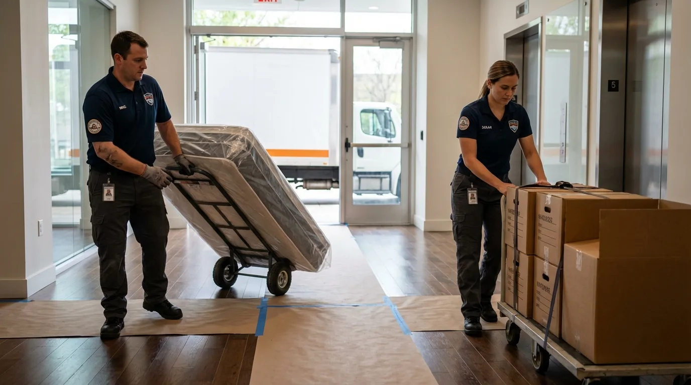 Professional apartment movers loading elevator in East Spencer, NC