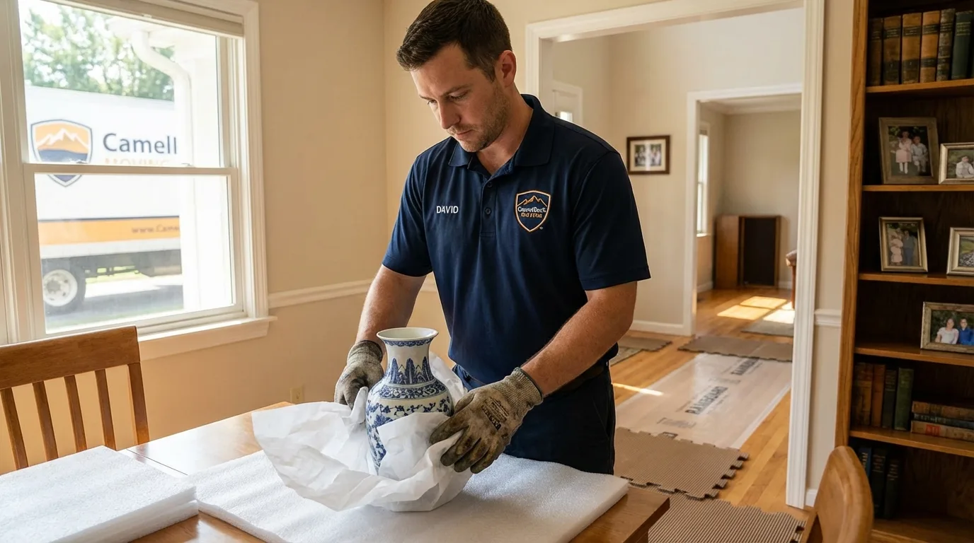 Professional crew carefully wrapping antique vase for senior downsizing move in East Spencer, NC